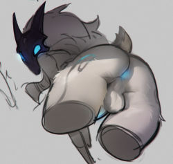 Rule 34 | 1girl, anus, ass, black mask, body fur, cropped legs, from below, furry, furry female, futanari, glowing, glowing anus, glowing eyes, grey background, grey fur, grey hair, kindred (league of legends), lamb (league of legends), league of legends, lewdzure, long hair, looking at viewer, looking back, newhalf, penis, penis peek, sheep tail, simple background, solo, tail, testicles, uncensored