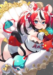 Rule 34 | 1girl, animal ear fluff, animal ears, bare shoulders, barefoot, black hair, black skirt, blue eyes, breasts, cleavage, closed mouth, clothes lift, commentary, crop top, detached sleeves, dice hair ornament, hair ornament, hakos baelz, hakos baelz (1st costume), hand up, highres, hololive, hololive english, kutata, lifted by self, lifted by tail, long sleeves, looking at viewer, lying, medium breasts, mouse ears, mouse girl, mouse tail, mr. squeaks (hakos baelz), multicolored hair, on stomach, pleated skirt, puffy long sleeves, puffy sleeves, red hair, red skirt, shirt, skirt, skirt lift, smile, soles, solo, strapless, strapless shirt, streaked hair, tail, twintails, two-tone hair, virtual youtuber, white hair, white shirt, white skirt