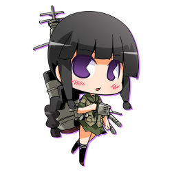 Rule 34 | 1girl, adapted turret, black hair, blunt bangs, braid, cannon, chibi, commentary request, green sailor collar, green serafuku, green skirt, hair over shoulder, hair ribbon, kantai collection, kitakami (kancolle), long hair, looking at viewer, lowres, machinery, neckerchief, pac-man eyes, pleated skirt, purple eyes, ribbon, sailor collar, school uniform, serafuku, sidelocks, simple background, single braid, skirt, smokestack, solo, suntail, tress ribbon, turret, white background