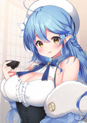 Rule 34 | 1girl, ahoge, bare shoulders, blue bow, blue bowtie, blue coat, blue hair, blush, bow, bowtie, braid, breasts, cleavage, cleavage cutout, clothing cutout, coat, commentary request, corset, cup, flower, fur-trimmed coat, fur trim, hair between eyes, hair flower, hair ornament, half updo, hat, highres, holding, holding cup, hololive, large breasts, long hair, looking at viewer, nyasunyadoora, off shoulder, open clothes, open coat, parted lips, pointy ears, shirt, sleeveless, sleeveless shirt, smile, solo, upper body, virtual youtuber, white hat, white shirt, yellow eyes, yukihana lamy