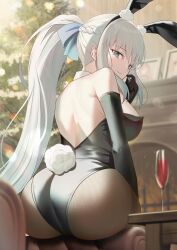 Rule 34 | 1girl, absurdres, ass, back, blue eyes, cup, drinking glass, fate/grand order, fate (series), highres, huge ass, leotard, looking back, mishiro (ixtlolton), morgan le fay (fate), playboy bunny, smile, solo, white hair, wine glass