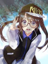 Rule 34 | 1girl, ayu miko, baseball cap, black hair, black shirt, blue eyes, blurry, commentary request, depth of field, glasses, hat, idolmaster, idolmaster shiny colors, jacket, light rays, long hair, looking at viewer, miniskirt, mitsumine yuika, open mouth, shirt, skirt, smile, solo, sunlight, twintails