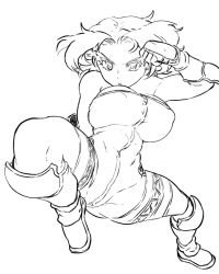 Rule 34 | 1girl, bare shoulders, boots, breasts, cleavage, elbow pads, covered erect nipples, final fantasy, final fantasy tactics, fingerless gloves, gloves, greyscale, huge breasts, kicking, knee pads, monk (fft), monochrome, short hair, solo, tsukudani (coke-buta), unitard, vambraces