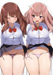 Rule 34 | 2girls, black skirt, blush, bow, bowtie, breasts, brown hair, buttons, closed eyes, closed mouth, clothes lift, collarbone, commentary request, dress shirt, groin, kaisen chuui, large breasts, long hair, long sleeves, miniskirt, multiple girls, open mouth, original, panties, pantyshot, pink hair, pink panties, purple eyes, purple panties, red bow, school uniform, shirt, side-tie panties, simple background, skindentation, skirt, skirt lift, smile, standing, thighs, underwear, white background, white shirt