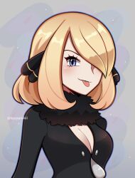 Rule 34 | 1girl, blonde hair, blue eyes, blush, breasts, cleavage, closed mouth, creatures (company), cynthia (pokemon), game freak, hair ornament, highres, looking at viewer, medium breasts, nintendo, pokemon, pokemon dppt, short hair, smile, solo, tongue, tongue out, touyarokii
