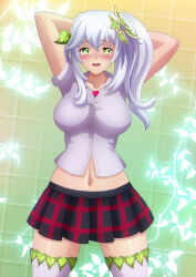 Rule 34 | 1girl, absurdres, aged up, arms behind head, arms up, black skirt, blush, braid, breasts, collarbone, cross-shaped pupils, genshin impact, green background, green eyes, grey shirt, grid, grid background, hair ornament, heart, highres, large breasts, leaf, leaf hair ornament, long hair, looking at viewer, midriff, nahida (genshin impact), navel, open mouth, plaid, plaid skirt, plant, ponytail, shirt, short sleeves, side ponytail, skirt, smile, standing, symbol-shaped pupils, thighhighs, two-tone background, vines, white hair, white thighhighs, yellow background, zel-sama