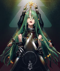 Rule 34 | 1girl, 1other, arknights, bare shoulders, black gloves, breasts, christmas, gloves, green hair, hair between eyes, highres, holding, horns, hoshiguma (arknights), infukun, large breasts, long hair, looking at viewer, shield, shirt, sidelocks, single horn, skin-covered horns, sleeveless, solo focus, star (symbol), yellow eyes