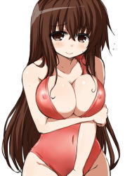 Rule 34 | 10s, 1girl, akagi (kancolle), bare shoulders, blush, breasts, brown eyes, brown hair, cleavage, curvy, covered erect nipples, female focus, front zipper swimsuit, huge breasts, kantai collection, long hair, looking at viewer, meme attire, naitou kouse, one-piece swimsuit, smile, solo, swimsuit, wide hips