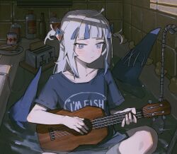 Rule 34 | 1girl, :/, ahoge, bathtub, blue eyes, blue hair, blue shirt, blunt bangs, blush, bread, bread slice, chunkyeggy, closed mouth, clothes writing, coffee mug, cup, english text, fins, fish tail, food, gawr gura, grey hair, hair ornament, highres, holding, holding instrument, hololive, hololive english, indoors, instrument, medium hair, mug, multicolored hair, music, partially submerged, plate, playing instrument, rubber duck, shampoo bottle, shark girl, shark hair ornament, shark tail, shirt, short sleeves, shower head, sidelocks, sitting, soap bottle, solo, streaked hair, t-shirt, tail, tile wall, tiles, toaster, two side up, ukulele, virtual youtuber, water, window shadow