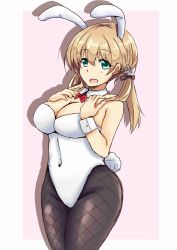 Rule 34 | 1girl, alternate costume, anchor hair ornament, animal ears, black pantyhose, blonde hair, bow, bowtie, breasts, chan (akuty ikkot), cleavage, covered navel, cowboy shot, detached collar, fishnet pantyhose, fishnets, green eyes, hair ornament, highres, kantai collection, large breasts, leotard, long hair, looking at viewer, pantyhose, playboy bunny, prinz eugen (kancolle), rabbit ears, rabbit tail, red bow, red bowtie, solo, standing, strapless, strapless leotard, tail, twintails, white leotard, wrist cuffs