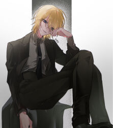 Rule 34 | 1boy, black footwear, black jacket, black necktie, black pants, blonde hair, blue eyes, collared shirt, commentary request, crossed legs, ddu 45, dress shirt, grey shirt, hair over one eye, head rest, highres, jacket, kamiki hikaru, korean commentary, long sleeves, looking at viewer, male focus, necktie, open clothes, open jacket, oshi no ko, pants, parted lips, shirt, short hair, solo, star-shaped pupils, star (symbol), striped clothes, striped shirt, symbol-shaped pupils, tie clip, vertical-striped clothes, vertical-striped shirt, white background