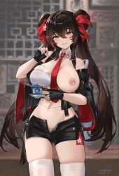 Rule 34 | 1girl, bare shoulders, black shorts, breasts, crop top, cup, detached collar, detached sleeves, double bun, fellatio gesture, female pubic hair, fingerless gloves, girls&#039; frontline, girls&#039; frontline neural cloud, gloves, hair bun, hair ornament, hand up, handjob gesture, hat, highres, holding, holding cup, jiangyu (neural cloud), lactation, large breasts, long hair, necktie, nipples, one breast out, open fly, pubic hair, red eyes, red necktie, sawkm, short shorts, shorts, solo, standing, thighhighs, twintails, type 97 (girls&#039; frontline), very long hair, white thighhighs