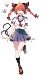 Rule 34 | 1girl, :d, ahoge, alternate costume, animal ears, black bow, black socks, blue sailor collar, blue skirt, blush, bow, braid, breasts, brown footwear, cat ears, cat tail, collarbone, commentary request, contemporary, fangs, fingernails, full body, hair between eyes, hair bow, highres, kaenbyou rin, kneehighs, leg up, loafers, long hair, looking at viewer, medium breasts, midriff peek, miniskirt, multiple tails, nail polish, nekomata, open mouth, paw print, pleated skirt, red eyes, red hair, red nails, sailor collar, satoupote, school uniform, serafuku, sharp fingernails, shoes, short sleeves, simple background, skirt, smile, socks, solo, standing, standing on one leg, tail, thighs, touhou, twin braids, twintails, two tails, white background