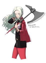 Rule 34 | 1girl, absurdres, artist request, axe, blonde hair, blue eyes, cape, ascot, edelgard von hresvelg, fire emblem, fire emblem: three houses, gloves, hair ornament, highres, long hair, looking at viewer, mole, mole under mouth, nintendo, pantyhose, simple background, smile, solo, uniform, weapon, white background