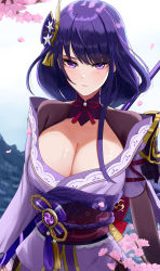 Rule 34 | 1girl, absurdres, armor, blush, breasts, cherry blossoms, cleavage, closed mouth, falling petals, flower, genshin impact, hair flower, hair ornament, highres, holding, holding weapon, japanese clothes, kimono, large breasts, long hair, looking at viewer, mitsudomoe (shape), mole, mole under eye, obiage, obijime, petals, purple eyes, purple flower, purple hair, purple kimono, raiden shogun, rope, s redbutterfly, shimenawa, shoulder armor, shrug (clothing), solo, tassel, tomoe (symbol), tsurime, vision (genshin impact), weapon