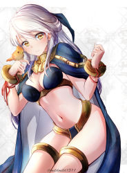 Rule 34 | 1girl, adapted costume, bird, bird on hand, bloom, blue cape, breasts, cape, clear glass (mildmild1311), cleavage, cosplay, cowboy shot, dark mage (fire emblem awakening), fire emblem, fire emblem: radiant dawn, fire emblem awakening, hair ribbon, half updo, highres, long hair, medium breasts, micaiah (fire emblem), navel, nintendo, no bodysuit, ribbon, shiny clothes, silver hair, smile, solo, tharja (fire emblem), tharja (fire emblem) (cosplay), twitter username, white background, yellow eyes, yune (fire emblem)