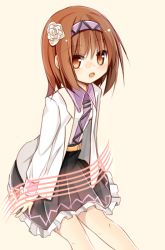 Rule 34 | 1girl, brown eyes, brown hair, flower, hair flower, hair ornament, hairband, jacket, long sleeves, looking at viewer, open clothes, open jacket, open mouth, shirt, skirt, solo, touhou, tsukumo yatsuhashi, yuuhagi (amaretto-no-natsu)
