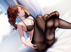 Rule 34 | 1girl, black bra, black pantyhose, blonde hair, blush, bra, breasts, brown hair, cameltoe, chiori (genshin impact), cleft of venus, closed mouth, collarbone, commentary request, drill hair, drill ponytail, genshin impact, hair ornament, halterneck, highres, indoors, long hair, looking at viewer, medium breasts, miss shiro, multicolored hair, on bed, open mouth, pantyhose, red eyes, sitting, soles, solo, thighband pantyhose, thighs, underwear