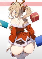Rule 34 | 1girl, antlers, ass, barbara (genshin impact), bare shoulders, bell, blonde hair, blue eyes, blush, box, butt crack, christmas, clothes pull, dress, fake antlers, from behind, genshin impact, gift, gift box, highres, horns, long hair, long sleeves, looking at viewer, looking back, off-shoulder dress, off shoulder, pantyhose, pantyhose pull, simao (x x36131422), solo, twintails, white pantyhose