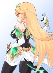 Rule 34 | 1girl, bare shoulders, black pantyhose, blonde hair, breasts, chest jewel, commentary request, dress, earrings, elbow gloves, gloves, hand on own hip, highres, jewelry, large breasts, long hair, mythra (massive melee) (xenoblade), mythra (xenoblade), pantyhose, paskmel, short dress, solo, swept bangs, thigh strap, tiara, very long hair, white dress, white gloves, xenoblade chronicles (series), xenoblade chronicles 2, yellow eyes