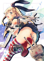 Rule 34 | 10s, 1girl, anchor, ass, black panties, blonde hair, blush, boots, censored, convenient censoring, crop top, crop top overhang, elbow gloves, gloves, grey footwear, hair ornament, hairband, highres, hirano katsuyuki, kantai collection, long hair, looking at viewer, midriff, open mouth, panties, personification, rensouhou-chan, shimakaze (kancolle), skindentation, skirt, solo, striped clothes, striped thighhighs, thighhighs, torn clothes, torn panties, underwear, white gloves