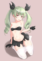 Rule 34 | 10s, 1girl, absurdres, anchovy (girls und panzer), arm support, bikini, black gloves, black ribbon, breasts, brown background, clothes pull, commentary request, drill hair, frilled bikini, frills, full body, girls und panzer, gloves, gluteal fold, green hair, hair ribbon, head tilt, highres, leaning to the side, long hair, looking at viewer, navel, open mouth, pantyhose, pantyhose pull, red eyes, ribbon, shadow, simple background, sitting, small breasts, solo, strapless, strapless bikini, sumiso (smithsoniancorp), swimsuit, twin drills, twintails, wariza, white pantyhose