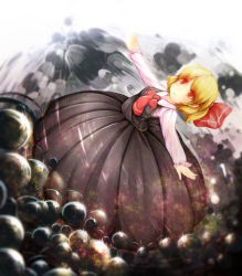 Rule 34 | 1girl, :d, ascot, black skirt, blonde hair, bow, collared shirt, ascot, dutch angle, furim, hair bow, hair ribbon, highres, long skirt, long sleeves, looking at viewer, open mouth, outstretched arms, red eyes, ribbon, rumia, shirt, short hair, skirt, smile, solo, touhou, vest, white shirt