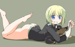 Rule 34 | 00s, 1girl, ass, bare legs, barefoot, blonde hair, blue eyes, bottomless, dachshund, dog, erica hartmann, feet, full body, grin, holding, holding clothes, holding panties, holding underwear, lying, naitou kouse, no panties, on stomach, panties, unworn panties, panty dangle, plantar flexion, puppy, short hair, simple background, smile, solo, strike witches, sweatdrop, the pose, underwear, white panties, world witches series