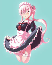 Rule 34 | 1girl, adapted costume, alternate costume, apron, arthur ko, black dress, blue background, blush, clothes lift, cowboy shot, cropped legs, dress, dress lift, enmaided, frilled dress, frills, hair between eyes, harusame (kancolle), highres, juliet sleeves, kantai collection, lifting own clothes, long hair, long sleeves, maid, maid apron, maid headdress, neckerchief, parted lips, pink eyes, pink hair, puffy sleeves, red neckerchief, side ponytail, simple background, solo, thighhighs, white apron, white thighhighs