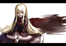 Rule 34 | 1girl, blonde hair, blood, blood in hair, blood on face, bow, bowtie, dress, gown, highres, koruse, lace, letterboxed, long hair, looking at viewer, looking up, original, own hands together, pool of blood, shadow, simple background, sitting, smile, solo, white background, yellow eyes