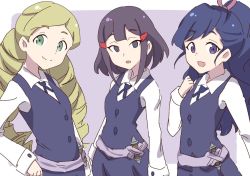 Rule 34 | 3girls, avery (little witch academia), blair (little witch academia), blonde hair, female focus, green eyes, little witch academia, long hair, looking at viewer, mary (little witch academia), multiple girls, short hair, simple background, smile, standing, tagme, trigger (company), upper body