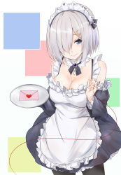 Rule 34 | 1girl, 3:, alternate costume, black dress, black pantyhose, blue eyes, breasts, cleavage, closed mouth, cowboy shot, dress, enmaided, envelope, hair over one eye, hamakaze (kancolle), hand up, highres, holding, holding tray, kantai collection, letter, looking at viewer, love letter, maid, maid headdress, pantyhose, saku (kudrove), short hair, sidelocks, silver hair, solo, tray, tsurime