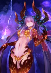 Rule 34 | bad id, bad pixiv id, demon girl, demon horns, earrings, fate/grand order, fate (series), flower, highres, horns, jewelry, kama (beast iii/l) (fate), kama (fate), long hair, looking at viewer, looking down, open clothes, red eyes, revealing clothes, sh22, solo, very long hair, white hair