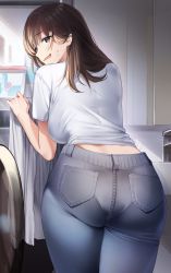 Rule 34 | 1girl, ass, back, blouse, blue eyes, blush, breasts, brown hair, commission, highres, large breasts, long hair, looking at viewer, looking back, open mouth, original, pantylines, pixiv commission, shirt, sino42, smile, solo, white shirt