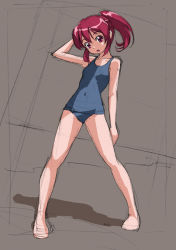Rule 34 | 10s, 1girl, aino megumi, brown background, happinesscharge precure!, looking at viewer, one-piece swimsuit, open mouth, ponytail, precure, red eyes, red hair, rohitsuka, short hair, sketch, solo, standing, swimsuit