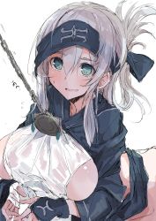 Rule 34 | 10s, 1girl, absurdres, ainu, ainu clothes, blue eyes, blue headband, breasts, chain, cropped jacket, edogawa nao, folded ponytail, hair between eyes, headband, highres, kamoi (kancolle), kantai collection, large breasts, long hair, simple background, sketch, solo, translated, white background, white hair