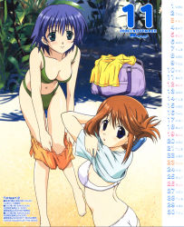 Rule 34 | 00s, 2006, 2girls, :o, arms up, ass, back, bag, barefoot, beach, bikini, bikini under clothes, blue eyes, blue hair, blush, breasts, brown hair, calendar, cleavage, closed mouth, clothes lift, clothes pull, collarbone, copyright name, dated, day, flat ass, folded ponytail, from side, full body, green bikini, hair between eyes, hair ornament, highres, komaki manaka, leaning forward, legs, lifted by self, light smile, long legs, looking at viewer, looking back, medium breasts, megami magazine, multiple girls, nishio kouhaku, november, official art, orange shorts, outdoors, plant, pulled by self, rock, scan, shade, shirt, shirt lift, unworn shirt, short hair, short shorts, shorts, shorts pull, side slit, sidelocks, smile, standing, swimsuit, t-shirt, thigh gap, to heart (series), to heart 2, tonami yuma, undressing, upper body, white bikini, white shirt, yellow shirt