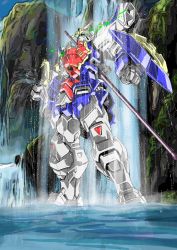 Rule 34 | absurdres, clenched hands, eye trail, green eyes, gundam, gundam wing, highres, light trail, looking up, mecha, mobile suit, niidan, no humans, robot, science fiction, shenlong gundam, shield, solo, v-fin, water, waterfall