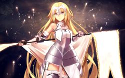 Rule 34 | 1girl, armor, bad id, bad pixiv id, bare shoulders, blonde hair, chain, elbow gloves, fate/apocrypha, fate (series), gloves, gorget, grey hair, hei tong shi, highres, holding, holding behind back, jeanne d&#039;arc (fate), jeanne d&#039;arc (ruler) (fate), jeanne d&#039;arc (third ascension) (fate), long hair, looking at viewer, solo, standard bearer, thighhighs, very long hair, zettai ryouiki