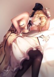 Rule 34 | 1girl, ahoge, artoria pendragon (all), artoria pendragon (fate), bare shoulders, bed sheet, black ribbon, blonde hair, blue eyes, blurry, blurry foreground, breasts, closed mouth, commentary, depth of field, detached collar, dress, fate/unlimited codes, fate (series), flower, genyaky, gloves, lily (flower), lying, medium breasts, neck ribbon, on side, pantyhose, ribbon, saber lily, signature, smile, solo, white dress, white gloves, yellow dress