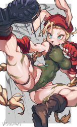 Rule 34 | 1girl, absurdres, animal ears, animal nose, aqua eyes, beret, blonde hair, boots, braid, breasts, brown footwear, cammy white, commentary request, covered navel, dated, fingerless gloves, furrification, furry, furry female, gloves, green leotard, hat, highres, iparupua, kicking, large breasts, leotard, long hair, medium breasts, rabbit girl, red gloves, red headwear, rock, snout, street fighter, thighs, twin braids, very long hair