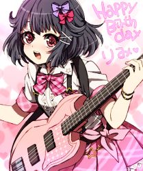 Rule 34 | 1girl, :d, akasata, bang dream!, bass guitar, black hair, bow, bowtie, bracelet, character name, flower, hair bow, hair flower, hair ornament, hairpin, happy birthday, heart, holding, holding instrument, instrument, jewelry, looking at viewer, open mouth, pink bow, pink bowtie, pink ribbon, pink skirt, plaid, plaid bow, plaid bowtie, plaid neckwear, purple bow, red eyes, ribbon, round teeth, shirt, short hair, short sleeves, skirt, smile, solo, suspender skirt, suspenders, teeth, upper teeth only, ushigome rimi, white shirt, x hair ornament