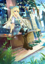 Rule 34 | 1girl, black thighhighs, blonde hair, blue eyes, blurry, boots, bow, casual, depth of field, female focus, full body, gift, hair bow, knee boots, long hair, looking afar, nature, no nose, original, outdoors, petticoat, plant, sitting, skirt, sky, solo, thighhighs, town, water, wrist cuffs, yayin (yayin233)