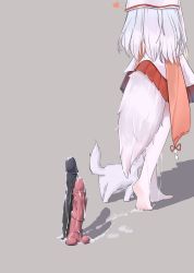 Rule 34 | 1girl, ass juice, dildo, dildo reveal, dog, dog girl, double penetration, gcoya, highres, pussy juice, pussy juice trail, sex toy, simple background, tail, walking, white hair