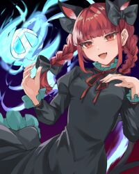 Rule 34 | 1girl, :d, animal ears, black bow, blue fire, blunt bangs, bow, braid, breasts, cat ears, cat tail, dress, extra ears, fang, fire, gradient background, green dress, hair bow, hair ribbon, hands up, highres, hitodama, kaenbyou rin, light blush, long hair, long sleeves, looking at viewer, multiple tails, open mouth, red eyes, red hair, ribbon, shisui0202, simple background, skin fang, small breasts, smile, solo, tail, touhou, tress ribbon, twin braids, two tails