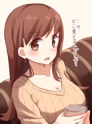 Rule 34 | 10s, 1girl, :d, alternate costume, bad id, bad pixiv id, blush, breasts, brown eyes, brown hair, cleavage, collarbone, cup, earrings, highres, holding, holding cup, jewelry, kantai collection, kapatarou, long hair, long sleeves, looking at viewer, ooi (kancolle), open mouth, ribbed sweater, ring, smile, solo, sweater, white background, yellow sweater