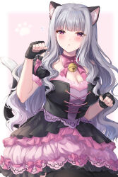 Rule 34 | 1girl, animal ears, bare shoulders, bell, black gloves, blush, bow, bowtie, breasts, cat ears, cat tail, cleavage, detached sleeves, dot nose, dress, fake animal ears, fake tail, fingerless gloves, flying sweatdrops, footprints, gloves, grey hair, highres, idolmaster, idolmaster (classic), idolmaster million live!, idolmaster million live! theater days, jingle bell, large breasts, layered dress, long hair, looking at viewer, parted lips, paw pose, pink background, pink bow, pink bowtie, purple eyes, reve pur, ribbon-trimmed skirt, ribbon trim, shijou takane, shy, simple background, solo, tail, two-tone dress