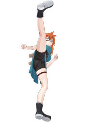 Rule 34 | 10s, 1girl, aqua eyes, ass, bike shorts, black footwear, boku no hero academia, boots, breasts, china dress, chinese clothes, commentary request, domino mask, dress, easy (aqk7bdqt), high kick, kendou itsuka, kicking, large breasts, long hair, mask, orange hair, shorts under dress, side ponytail, side slit, simple background, skin tight, solo, thigh strap, white background