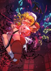 Rule 34 | 1girl, bad id, bad pixiv id, bat (animal), blonde hair, crystal, dutch angle, fang, flandre scarlet, full body, glowing, hat, hat ribbon, kazeto, laevatein, mary janes, mob cap, nail polish, open mouth, pointy ears, red eyes, ribbon, shoes, side ponytail, smile, socks, solo, touhou, white socks, wings