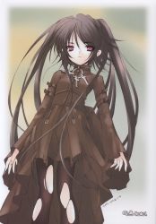 Rule 34 | 1girl, black hair, cross, goth fashion, highres, ito noizi, latin cross, long hair, original, pantyhose, pink eyes, solo, torn clothes, torn pantyhose, twintails